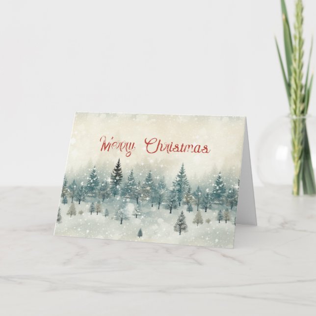 Snowy Pine Trees Vintage Christmas Card (Front)