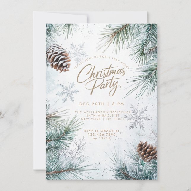 Snowy Pines Pinecones Snowflakes Christmas Invitation (Front)