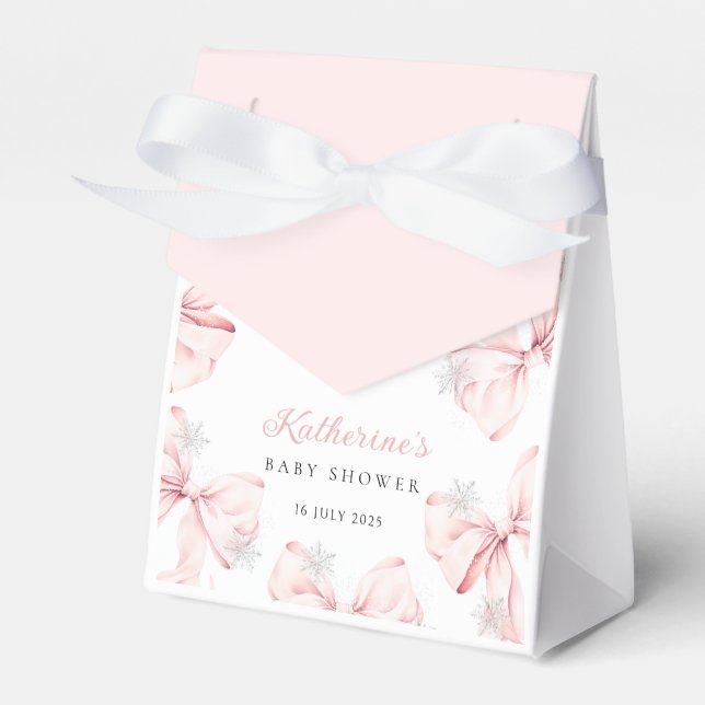 Snowy Pink Bow Baby Shower Favor Box (Front Side)