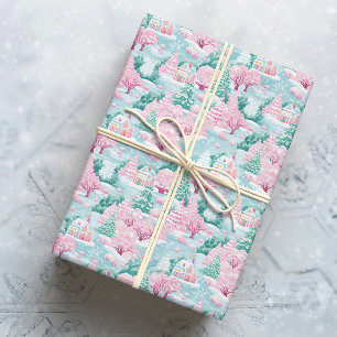 Snowy Pink Christmas Houses Wrapping Paper