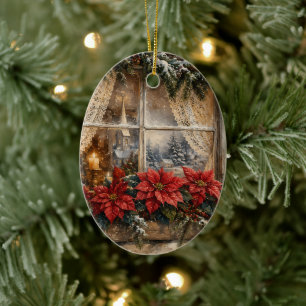 Snowy Poinsettia Christmas Window Ceramic Ornament