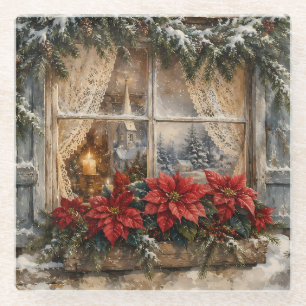 Snowy Poinsettia Christmas Window Glass Coaster