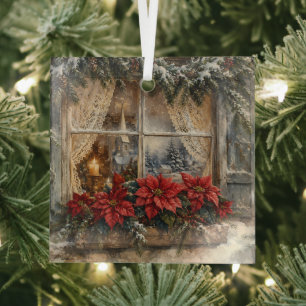 Snowy Poinsettia Christmas Window Glass Ornament