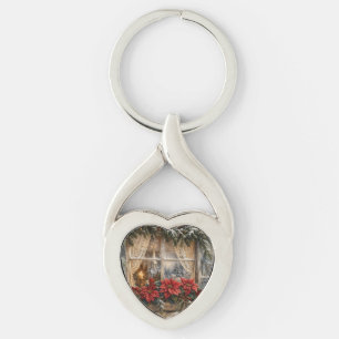 Snowy Poinsettia Christmas Window Keychain