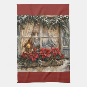 Snowy Poinsettia Christmas Window Kitchen Towel