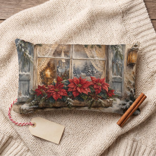 Snowy Poinsettia Christmas Window Lumbar Pillow