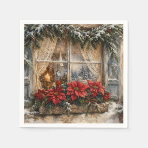 Snowy Poinsettia Christmas Window Napkin