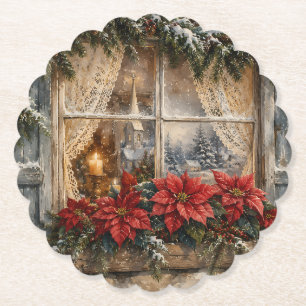 Snowy Poinsettia Christmas Window Paper Coaster