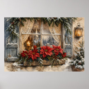 Snowy Poinsettia Christmas Window Poster