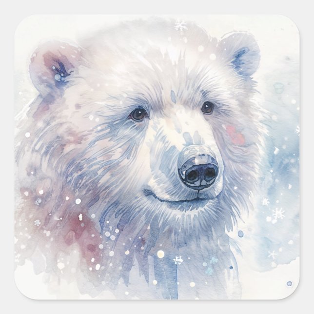 Snowy Polar Bear Watercolor Square Sticker (Front)