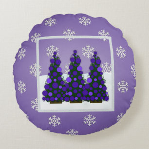 Snowy Purple Christmas Tree Round Pillow