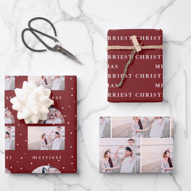 Snowy Red and White Merriest Christmas Photo Wrapping Paper Sheet (Front)