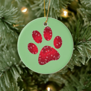 Snowy Red Animal Paw Print Ceramic Ornament