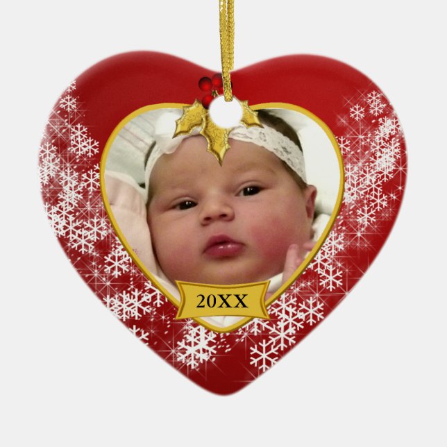 Snowy Red Baby's First Christmas Photo Ceramic Ornament (Front)