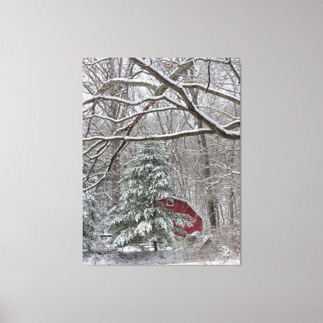 Snowy Red Barn Canvas Print (Front)