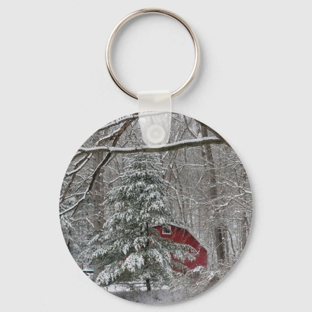 Snowy Red Barn Keychain (Front)