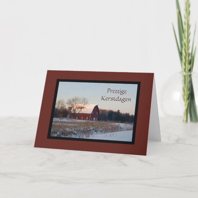 Snowy Red Barn Prestige Kerstdagen Dutch Christmas Holiday Card (Front)