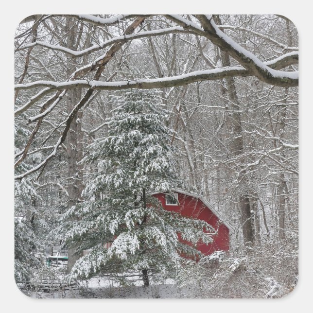 Snowy Red Barn Square Sticker (Front)
