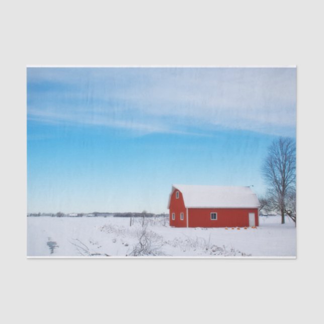 Snowy Red Barn Under a Crystal Blue Sky Tissue Paper (Front)