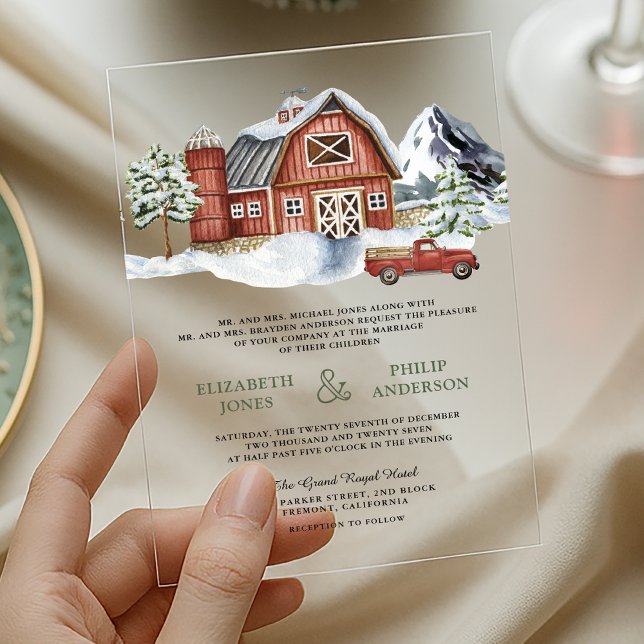 Snowy Red Barn Winter Christmas Wedding Acrylic Invitations (Creator Uploaded)