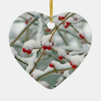 Snowy Red Berries Winter Scene Heart Ceramic Ornament