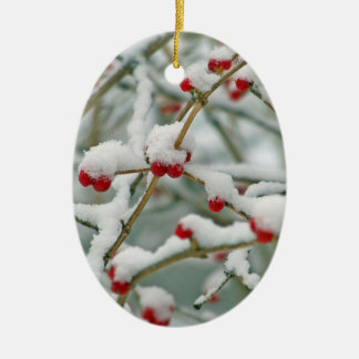 Snowy Red Berries Winter Scene Oval Ceramic Ornament
