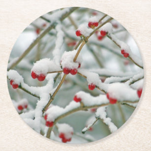 Snowy Red Berries Winter Scene Round Paper Coaster