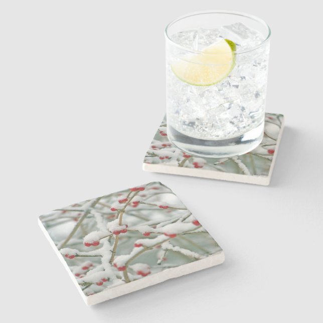 Snowy Red Berries Winter Scene Stone Coaster (Side)