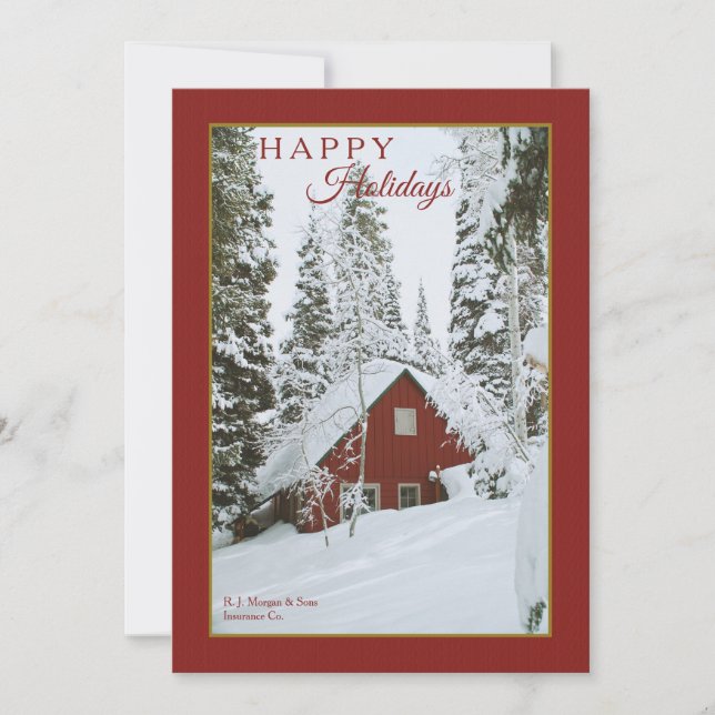 Snowy Red Cabin Holiday Card (Front)