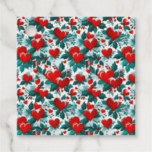 Snowy Red Christmas Hearts and Holly