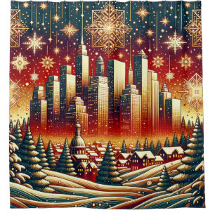 “Snowy Red Gold, and Green Christmas Cityscape”