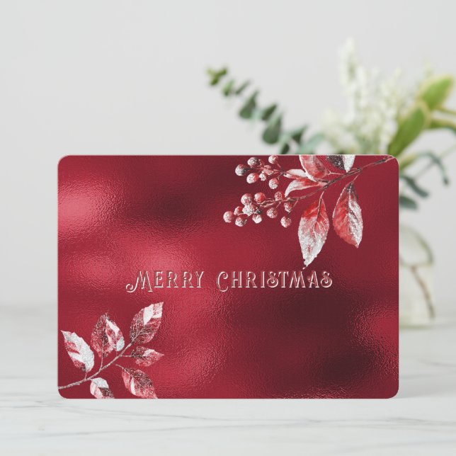 Snowy Red Leaves Christmas Holiday Card (Standing Front)