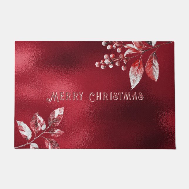 Snowy Red Leaves Christmas Holiday Doormat (Front)