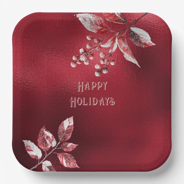 Snowy Red Leaves Christmas Holiday Paper Plate (Front)