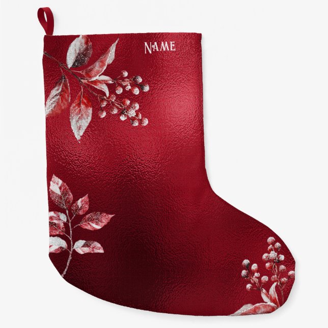 Snowy Red Leaves Christmas Holiday Stocking (Front)