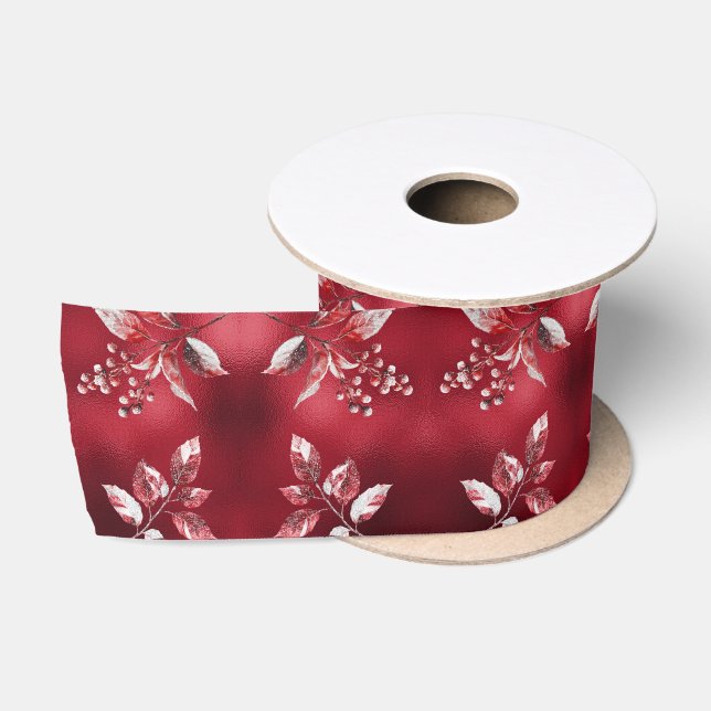 Snowy Red Leaves Christmas Satin Ribbon (Spool)