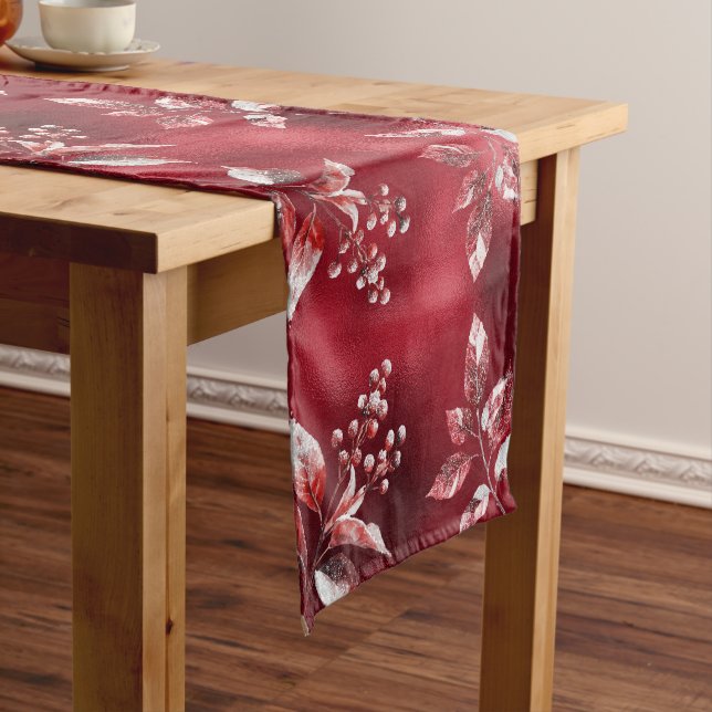 Snowy Red Leaves Christmas Table Runner (In Situ)