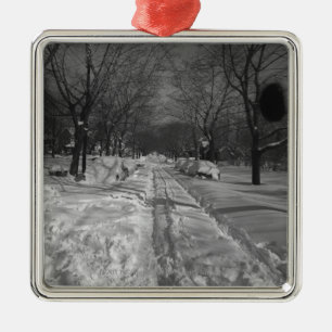 Snowy residential street metal ornament