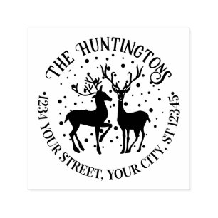 Snowy Rustic 2 Deer Round Family Name Ret Address Self-inking Stamp