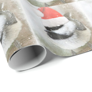 Snowy Santa Chickadee Wrapping Paper