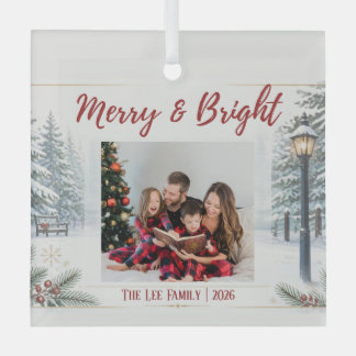 Snowy Scene Christmas Card with Family Photo Glass Ornament