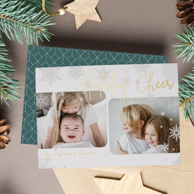 Snowy Script | 2 Photo Foil Foil Holiday Card (Creator Uploaded)