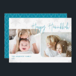 Snowy Script | 2 Photo Happy Hanukkah Holiday Card<br><div class="desc">Simple and modern Hanukkah card design features two of your favourite photos with an offset alignment, framed by falling snowflakes. "Happy Hanukkah" appears in modern iced aqua blue casual handwritten script lettering, with your family name and the year at the lower left corner. A unique contemporary design in a horizontal...</div>