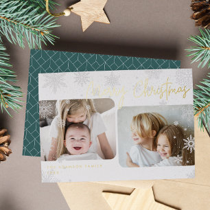 Snowy Script   2 Photo Merry Christmas Foil Holiday Card