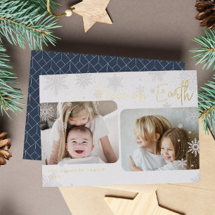 Snowy Script   2 Photo Peace on Earth Foil Holiday Card