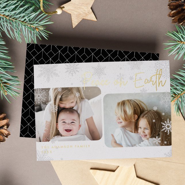 Snowy Script | 2 Photo Peace on Earth Foil Holiday Card (Creator Uploaded)