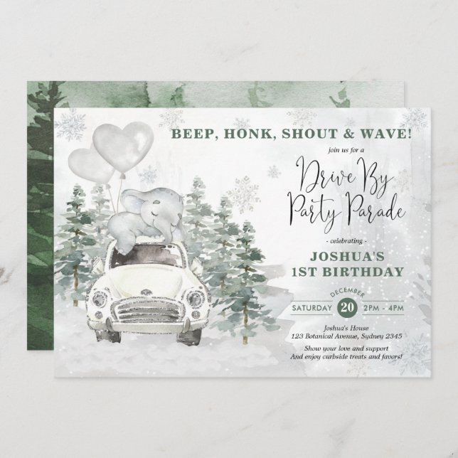 Snowy Silver Winter Elephant Drive By Birthday Invitation (Front/Back)
