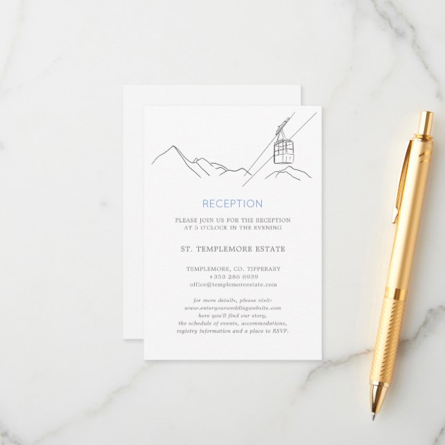 Snowy Ski Slopes Cable Car Wedding Reception  Enclosure Card (Front/Back In Situ)