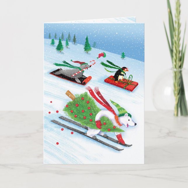 Snowy Skiing Polar Bear Sledding Penguin Sea Lion Holiday Card (Front)