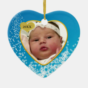 Snowy Sky Blue Baby's First Christmas Photo Heart Ceramic Ornament